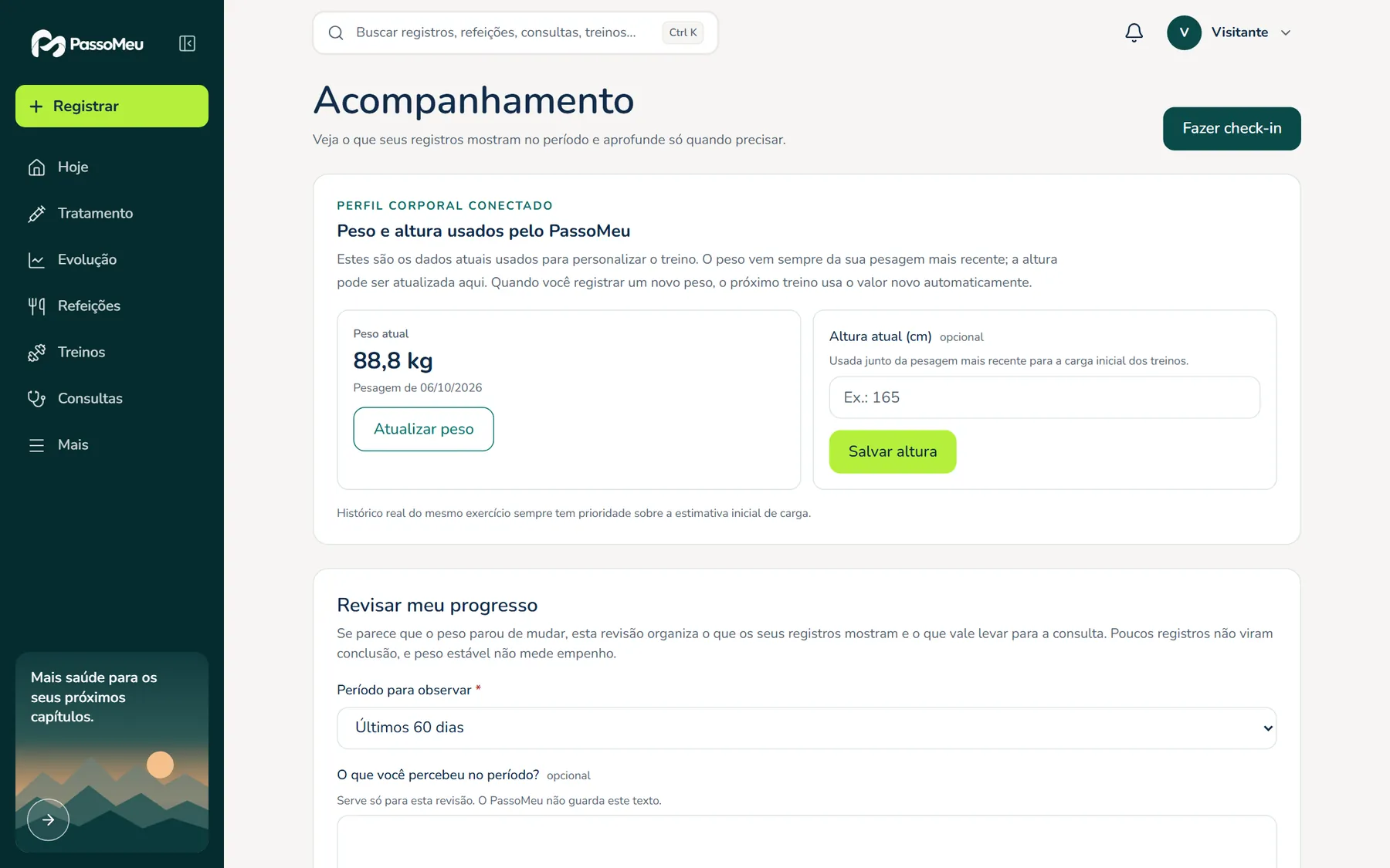 Tela Acompanhamento do PassoMeu: perfil corporal conectado com peso atual e altura, e revisão do progresso.