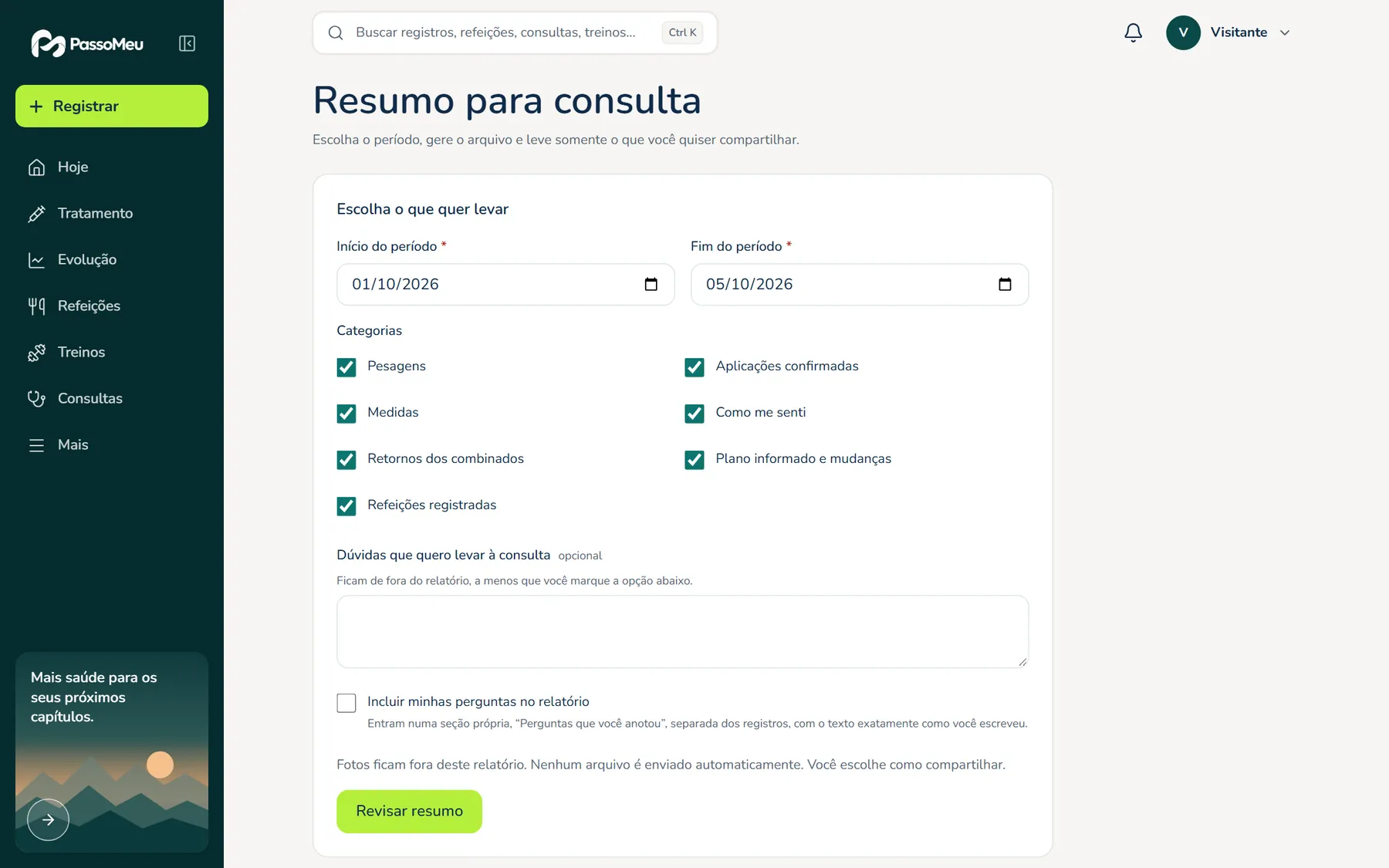 Tela Resumo para consulta do PassoMeu: período, categorias a incluir e perguntas para levar à consulta.