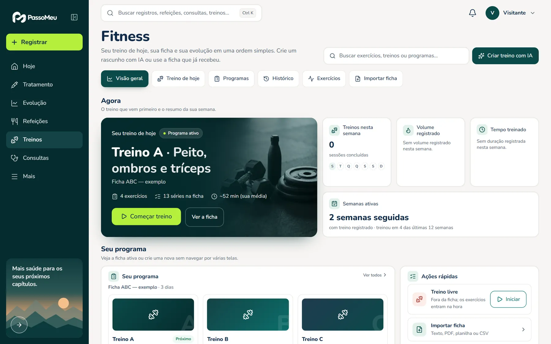 Tela Fitness do PassoMeu: treino de hoje, semanas ativas, programa com treinos A, B e C e ações rápidas.