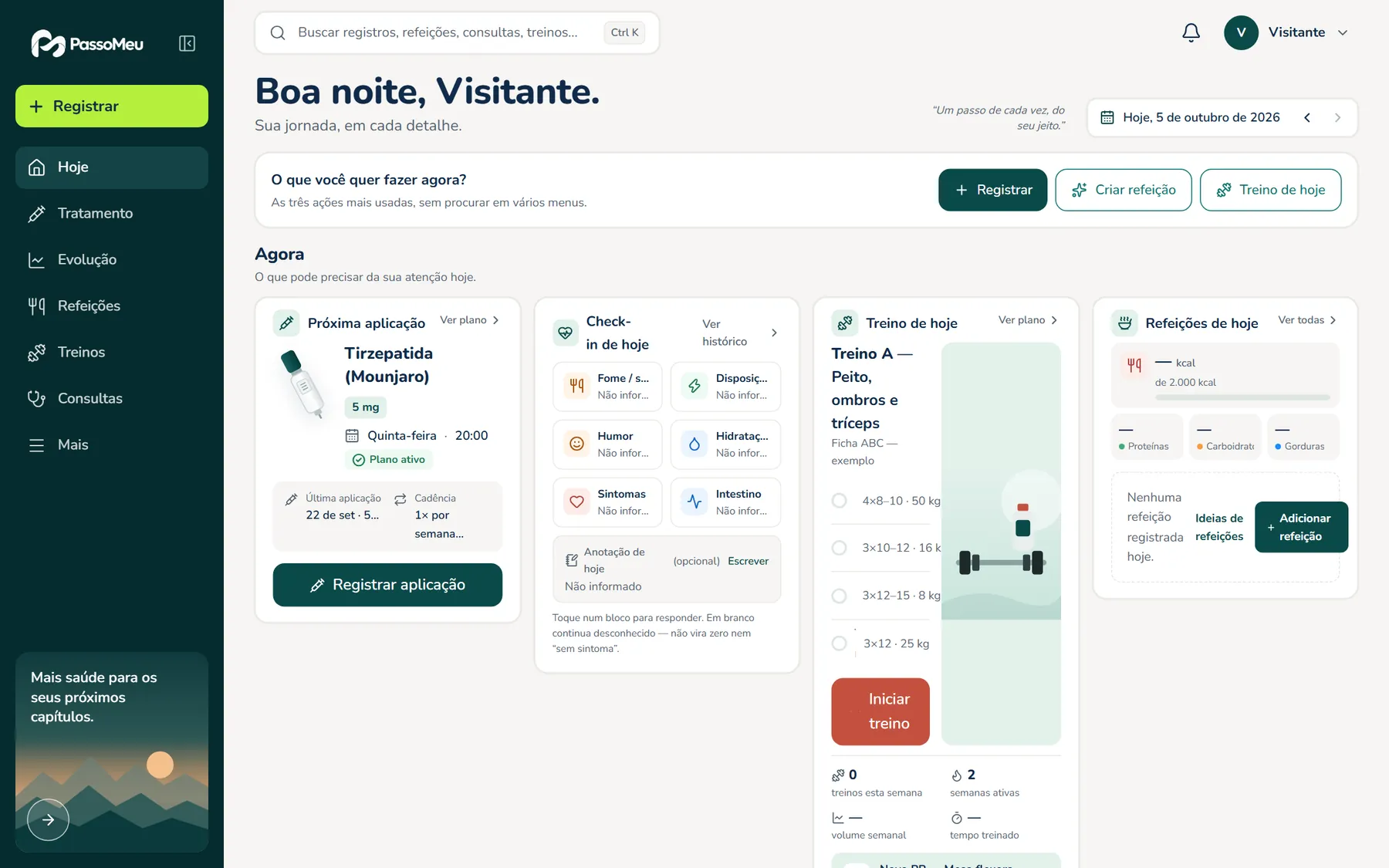 Painel Hoje do PassoMeu na conta de demonstração: próxima aplicação, check-in de hoje, treino de hoje e refeições do dia.