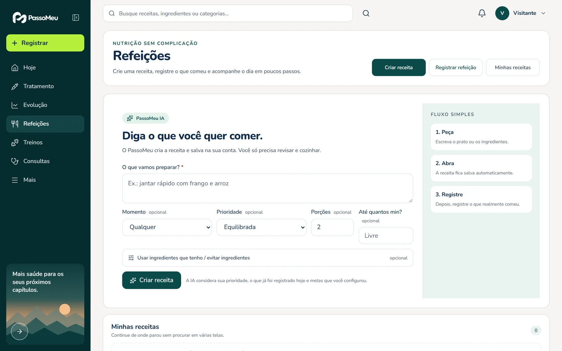 Tela Refeições do PassoMeu: campo para pedir uma receita à IA, prioridade, porções e o fluxo pedir, abrir e registrar.